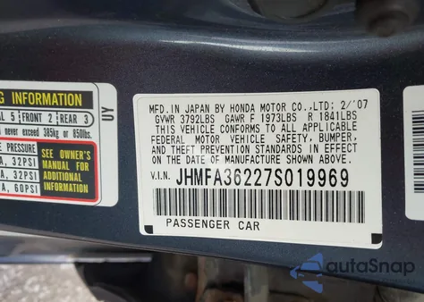 2007 Honda Civic Hybrid from USA, damaged, VIN JHMFA36227S019969